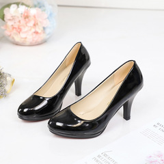 Women's 2024 Spring New Round Head Low Mouth Fine Heel Lacquered Leather All-Season Work Shoes for Export Plus Size
