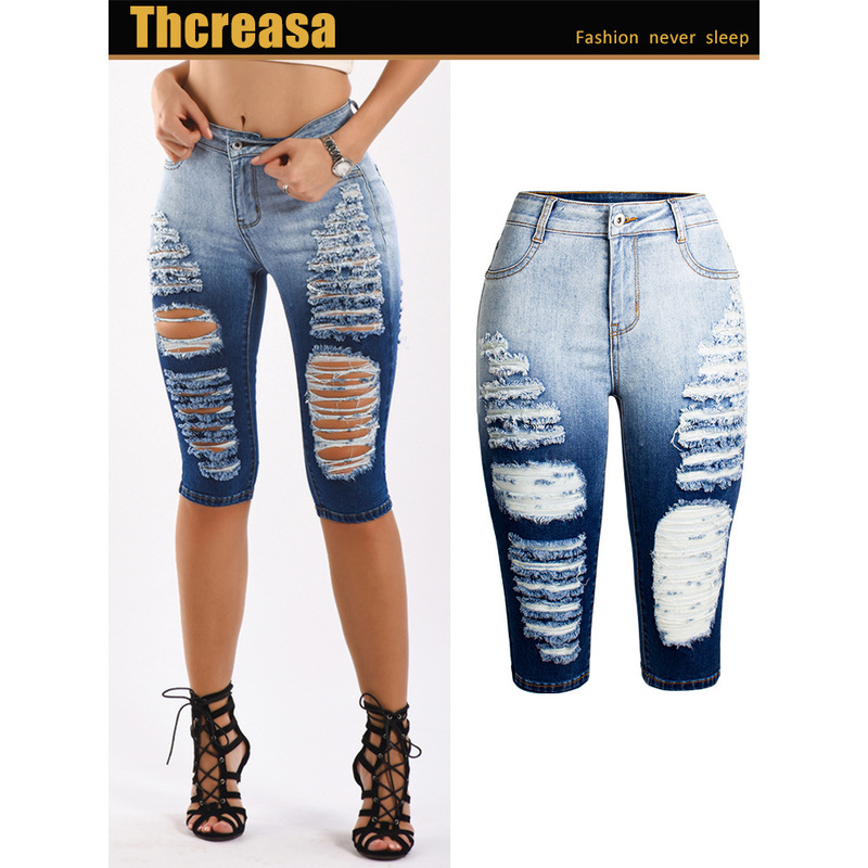 Jeans European and American Clothing Wish Amazon New Cropped Pants Slim Stretch Ripped Jeans Women Summer