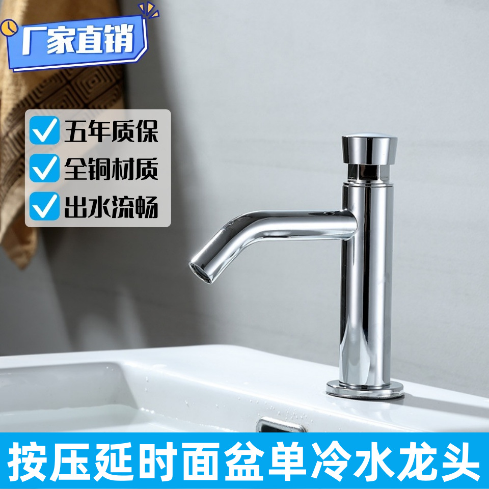 Stainless Steel Push-Button Basin Faucet with Delay Function for Public Restroom Sinks, Single Cold Water Faucet