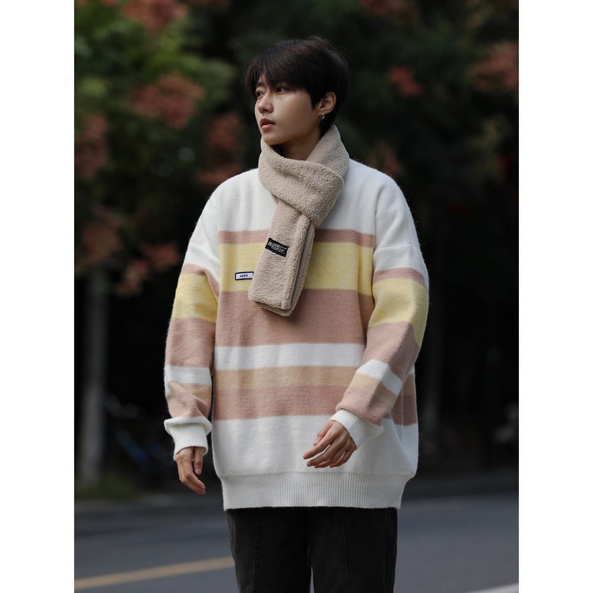 Autumn and Winter Men's Korean Style Youth Striped Sweater Men's Fashion Versatile Contrasting Color Stitching Lazy Round Neck Sweater
