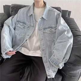 美式复古牛仔外套男春韩版潮流大码胖子宽松休闲运动工装夹克现货