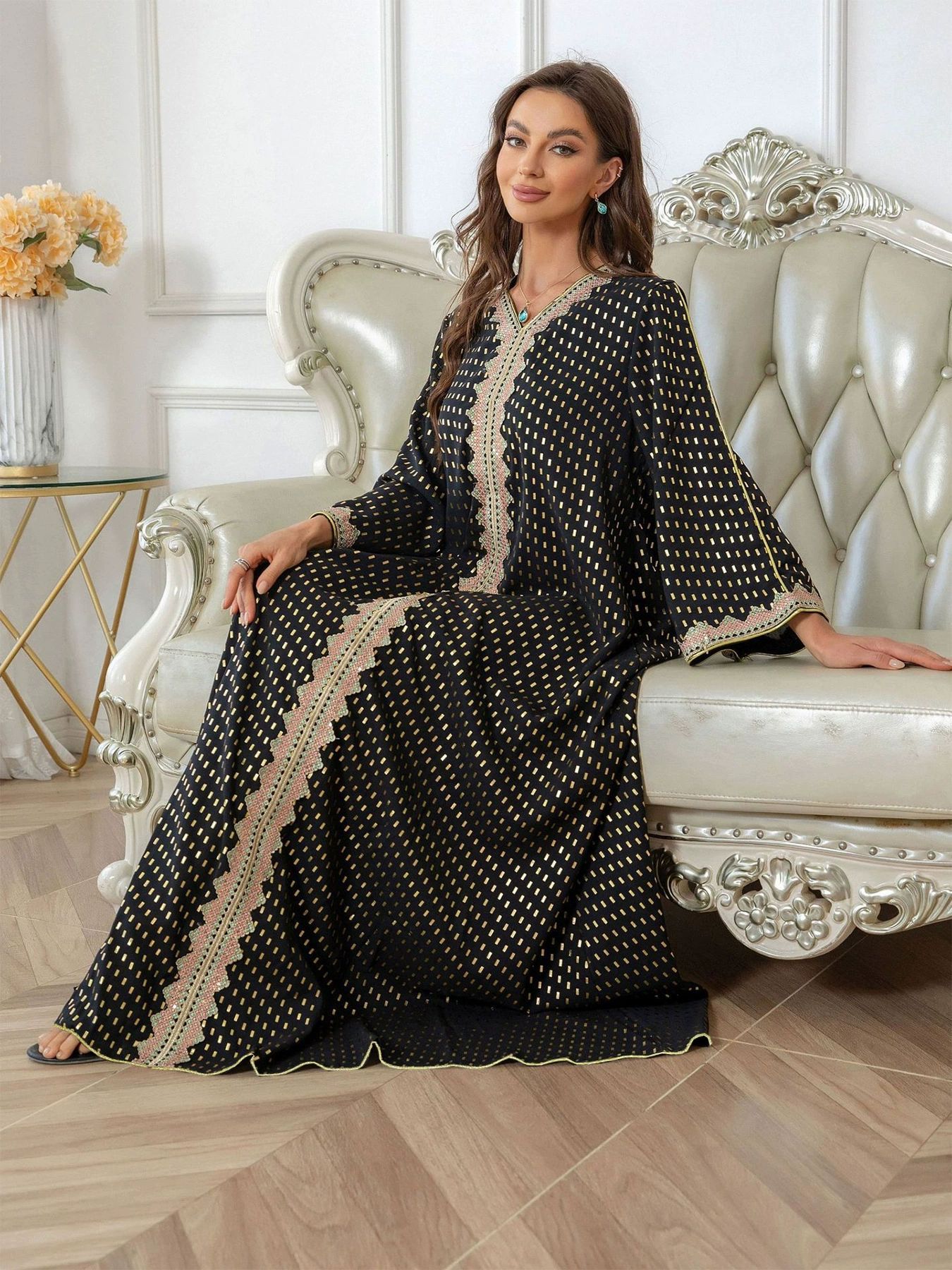 Elegant Muslim Robe With Gold Embossing And Lace Detail_voghion.com