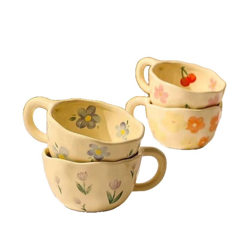 Ins tazas de cerámica coreana amarillo mano de la niña corazón de la oficina taza de café taza de leche de desayuno flor asada