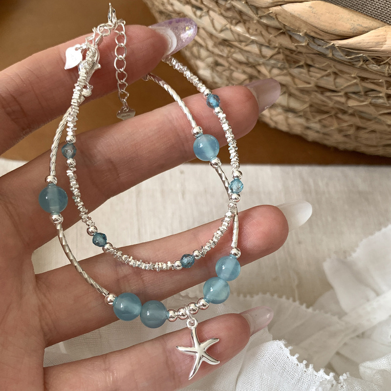 S925 Sterling Silver Deep Sea Sapphire Broken Silver Starfish Bracelet Women's Niche Design Simple and High-End Hand Jewelry