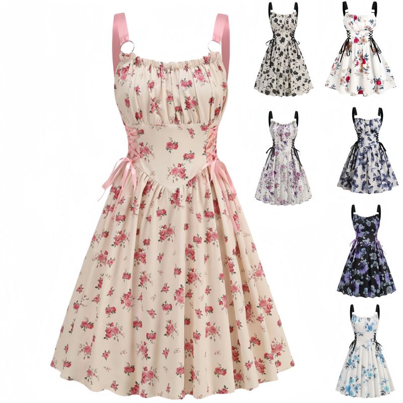 European and American Cross-border Foreign Trade Independent Station Digital Printing Lace-up O-ring Elegant Party Sexy Slimming Sling dress