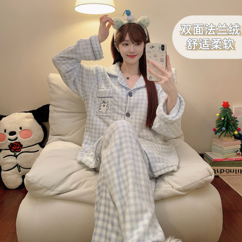 法兰绒睡衣女款秋冬季可爱小狗卡通加厚保暖长袖套装家居服可外穿|undefined