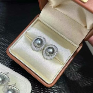 Seawater Tahiti Pearl Seiko Sterling Silver Inlaid Earrings 9-10mm Aurora Platinum Grey Inlaid Temperament