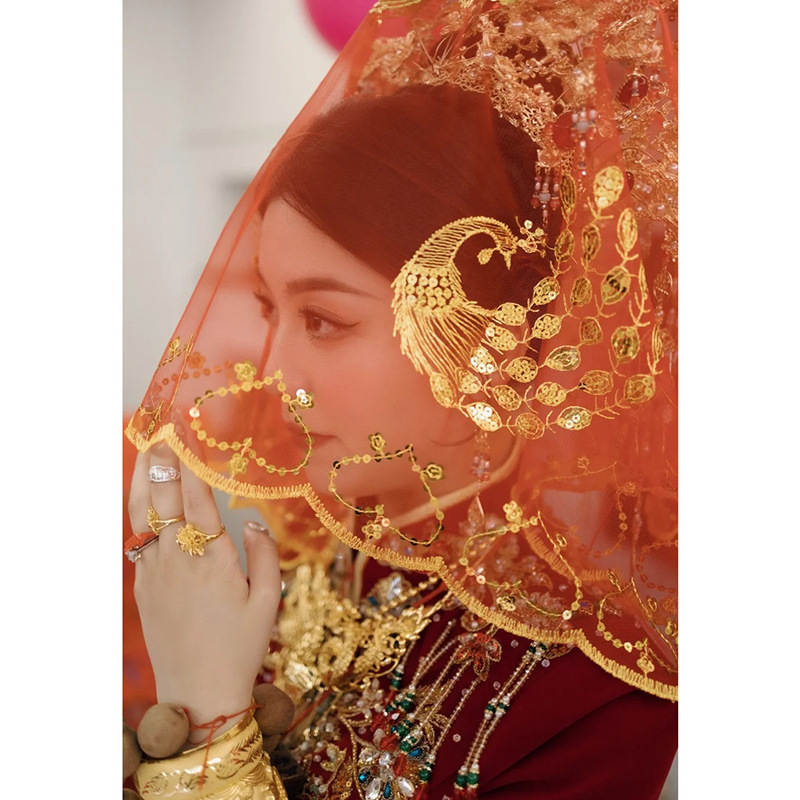 花嫁の結婚式の赤いヒジャブ半透明 2025 結婚式のベール中国の結婚式のベール Xiuhe スーツ赤|undefined