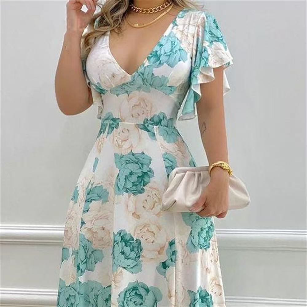 Summer Elegant Plus Size High-Quality Printed Long Dress V Neck Flowing Skirt Women's Clothing_ecoleips.com