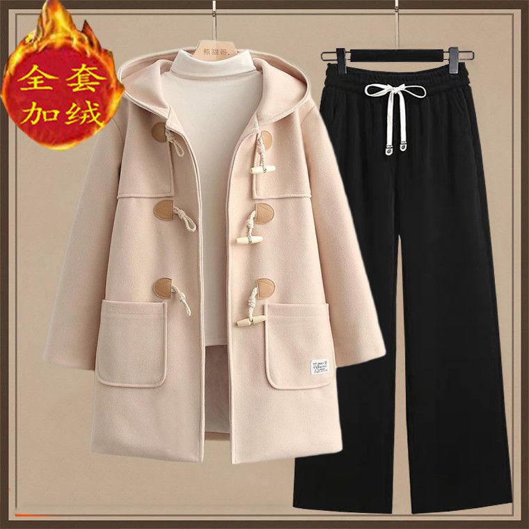 外套女冬季学生学院风加厚中长款牛角扣毛呢大衣女连帽两件套