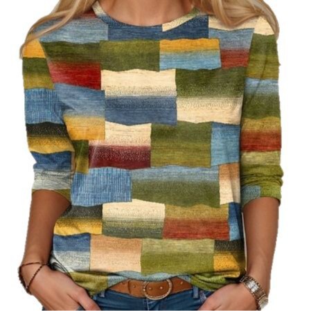 New Women's Spring and Autumn Amazon Cross-border Long-sleeved Round Neck Slim T-shirt Digital Printing