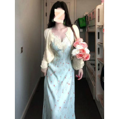 法式温柔风碎花吊带裙大码套装女夏季镂空防晒开衫设计感蕾丝长裙