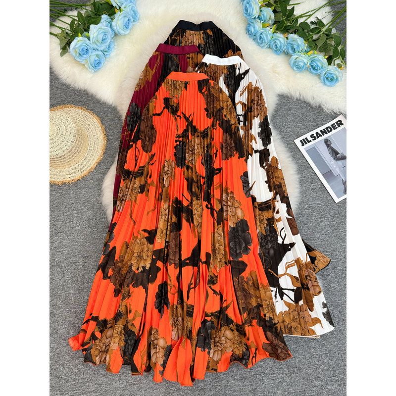 European and American South African Cross-Border High-End Retro Printed Skirt Classic Versatile Work Clothing High-End Pleated A-Line Long Skirt European and American South African Cross-Border High-End Retro Printed Skirt Classic Versatile Work Clothing High-End Pleated A-Line Long Skirt