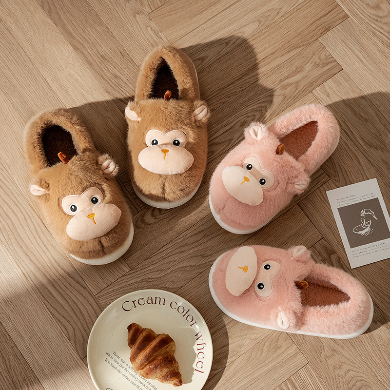 Cotton Slippers for Women in Autumn and Winter Home Indoor Non-Slip Cartoon Cute Monkey Warm Fleece-Lined Thick-Soled Cotton Slippers for Girls