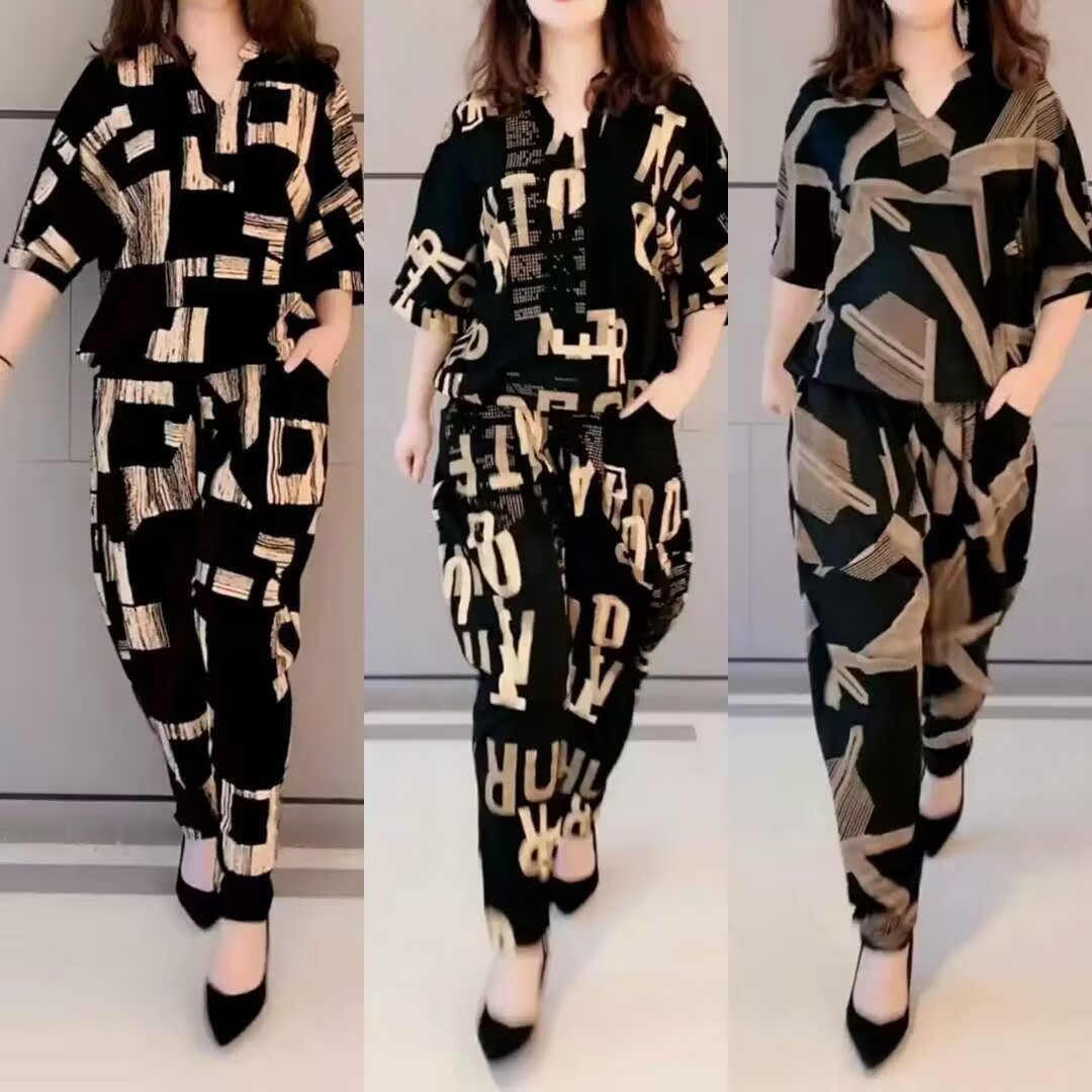 Amazon plus size women's clothing spring and summer fat sister fashion suit women's loose slimming Western style two-piece suit fashionable print