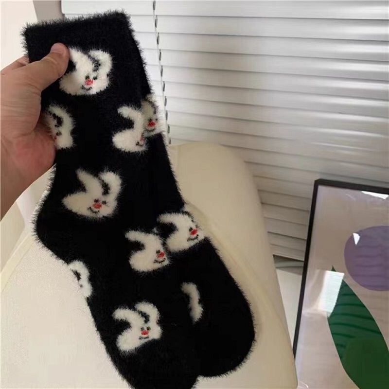 Black Rabbit Mink Velvet Socks Women's Autumn and Winter fleece-lined Thickened Cute Cartoon Warm Home Sleep Mid-tube Socks Black Rabbit Mink Velvet Socks Women's Autumn and Winter fleece-lined Thickened Cute Cartoon Warm Home Sleep Mid-tube Socks