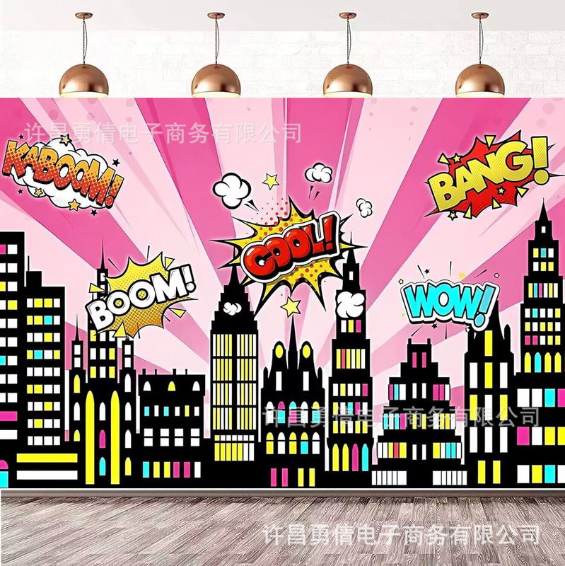 Foreign trade Amazon city landscape picture pink birthday party photography background cloth layout decoration banner hanging cloth
