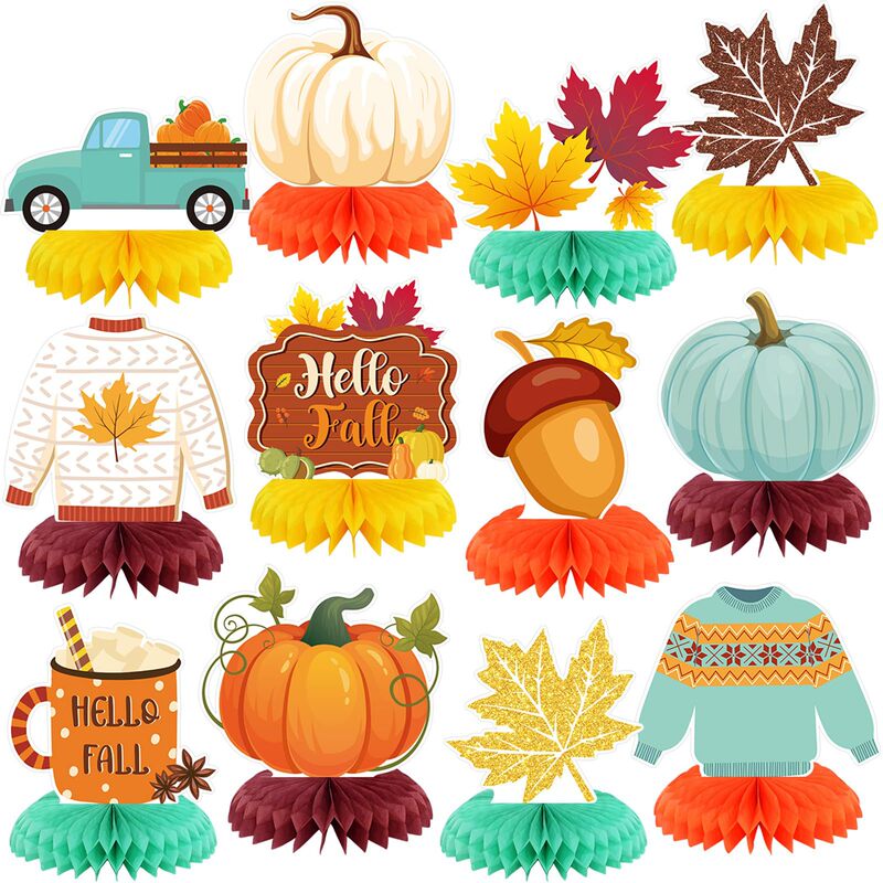 Cross-Border Thanksgiving Party Decoration Supplies Autumn Maple Leaf Pumpkin Honeycomb Tabletop Decoration Ornaments Honeycomb