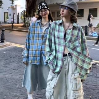 春秋美式复古撞色长袖格子衬衫男女中性风休闲oversize衬衣外套潮