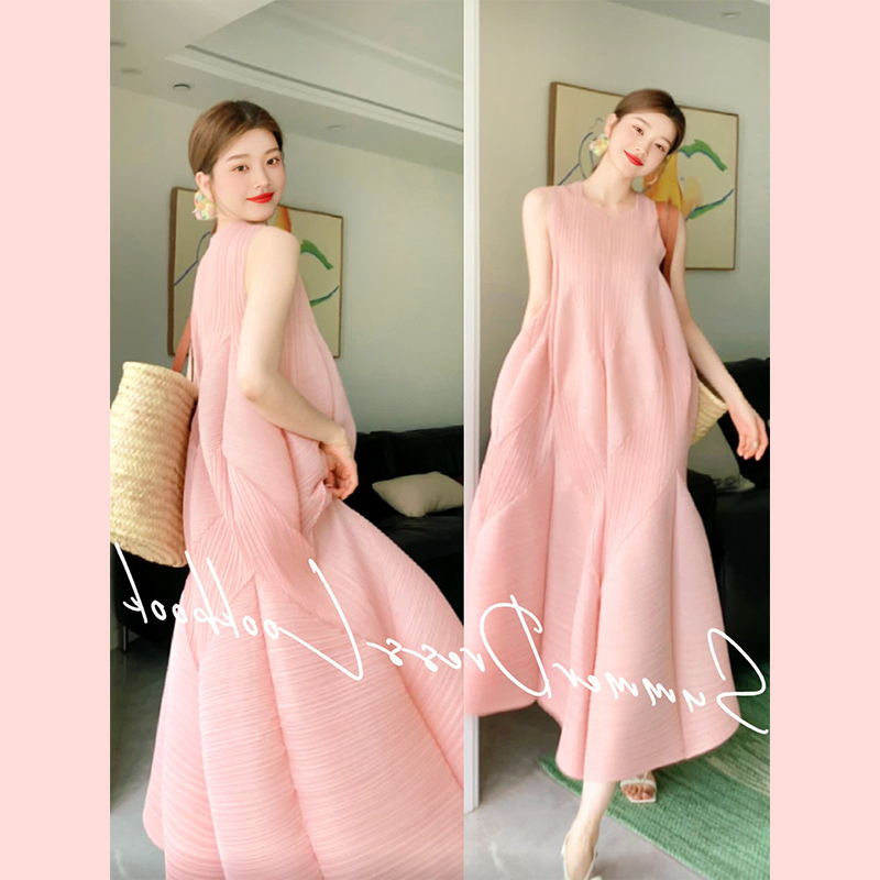 Miyake Pink Flower Bud Long Dress Elegant Loose Slim Fairy Dress Seaside Vacation Sleeveless Vest dress Women's Summer