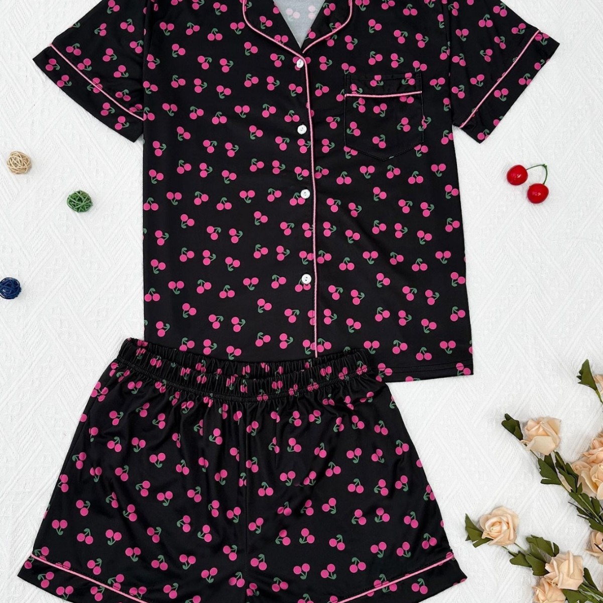 亚马逊跨境欧美家居服数码印花套装开衫短袖衬衣短裤夏季睡衣外贸