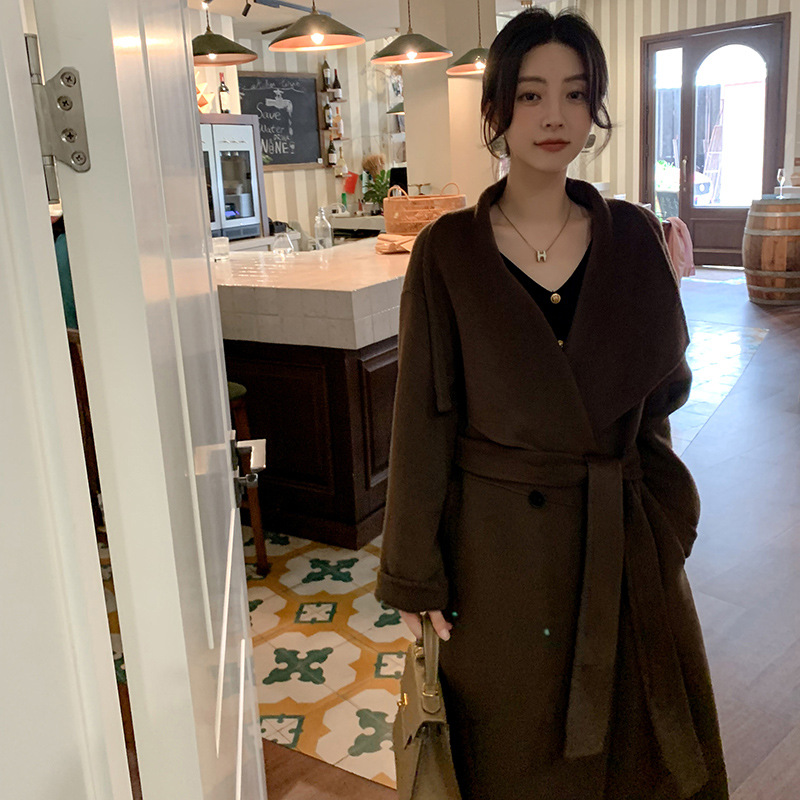 New Style Stand Large Lapel Camel Velvet Double-Sided Coat Lace Over Knee Hand-Sewn Loose Casual Coat