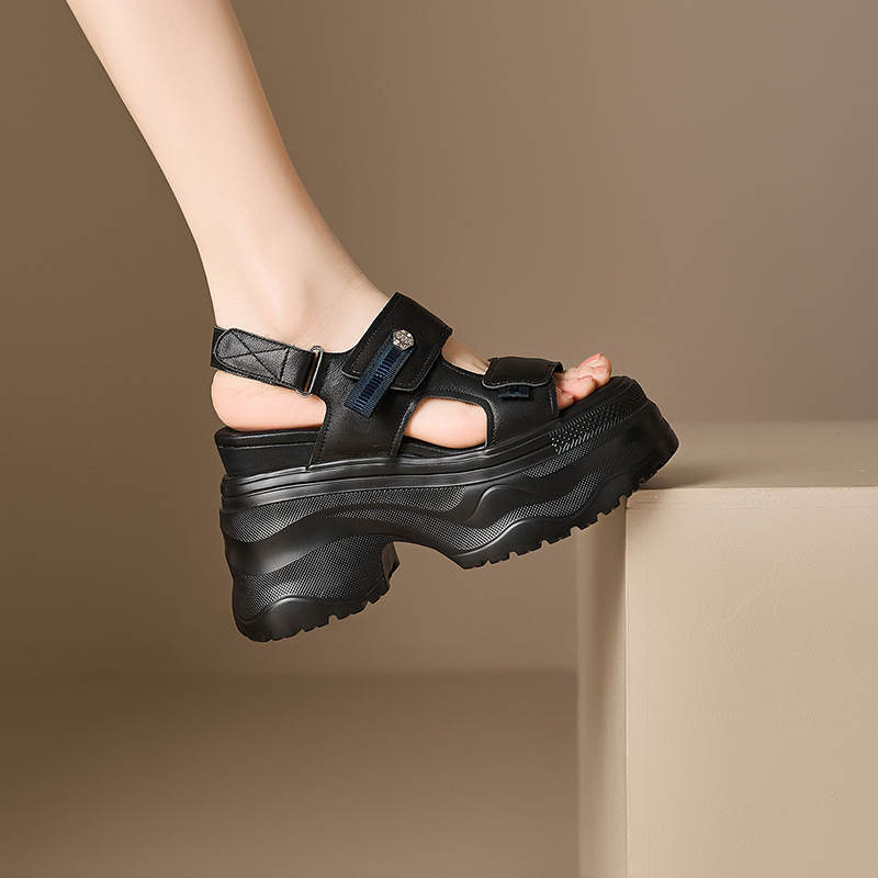 Sandal nữ đế xuồng cao gót 12 cm mũi hở phong cách La Mã — màu đen, màu trắng ngà