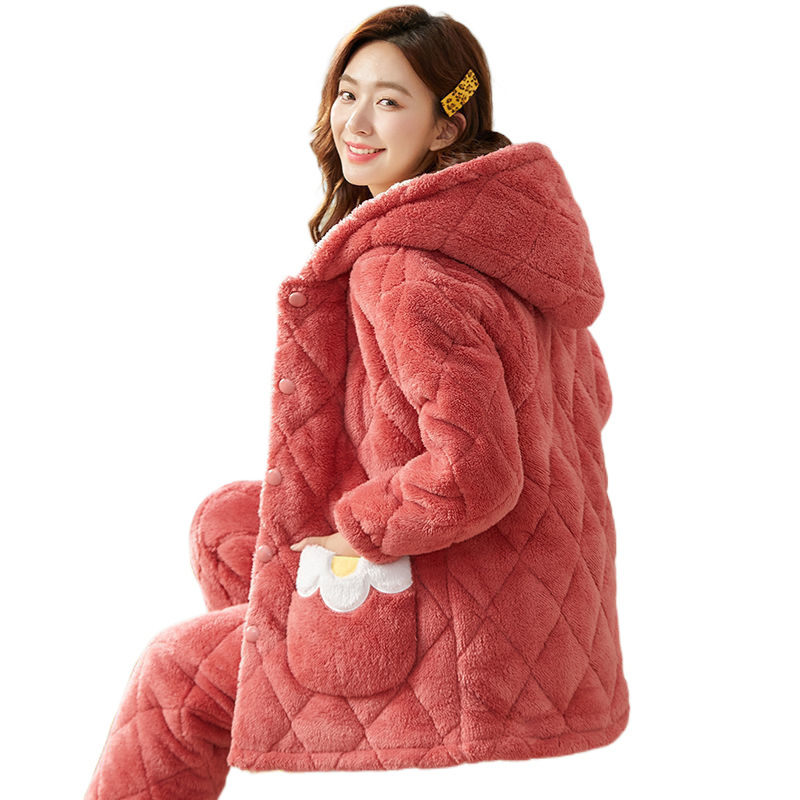 잠옷 여성의 겨울 3 층 두꺼운 퀼트 파자마 여성의 산호 양털 플란넬 가을과 겨울을위한 따뜻한 홈 옷