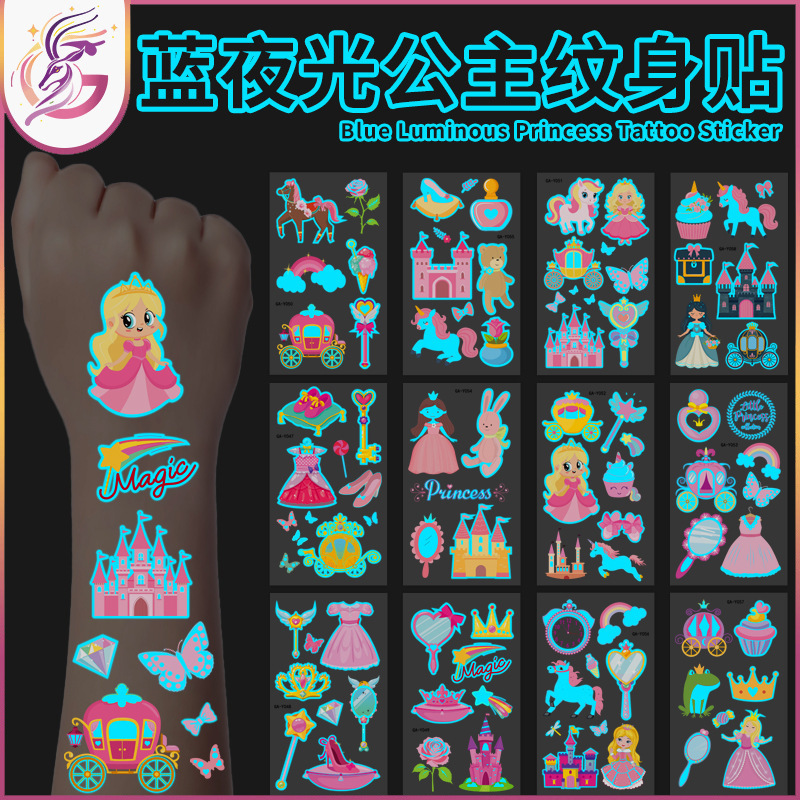 New Blue Luminous Princess Tattoo Sticker Castle Crown Children's Cute Princess Party Decorations Temporary Sticker