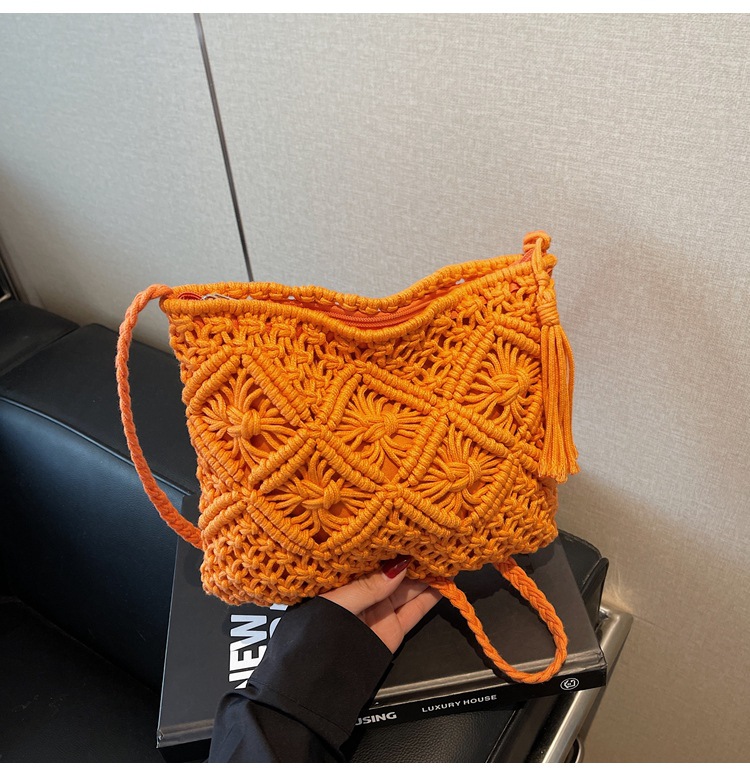 177g Weight Polyester Cotton Lining Material Weave, Hollow Fashion Element Zipper Closure Type Single Shoulder Strap Strap Type Shoulder Bag Bags Type Casual Occasion cotton rope Material Solid Color Pattern All Seasons Season Women's Gender Vacation Style Square Shape Women's Cotton Rope Solid Color Vacation Weave Hollow Square Zipper Shoulder Bag 20