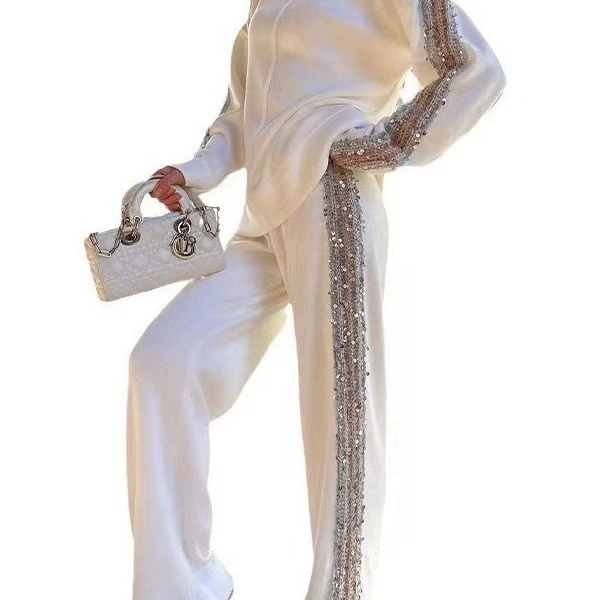 Осень 2023 новый европейский и американский Amazon трансграничный европейский и американский стиль с высоким воротником модный нишевый брючный костюм с отделкой пайетками для женщин