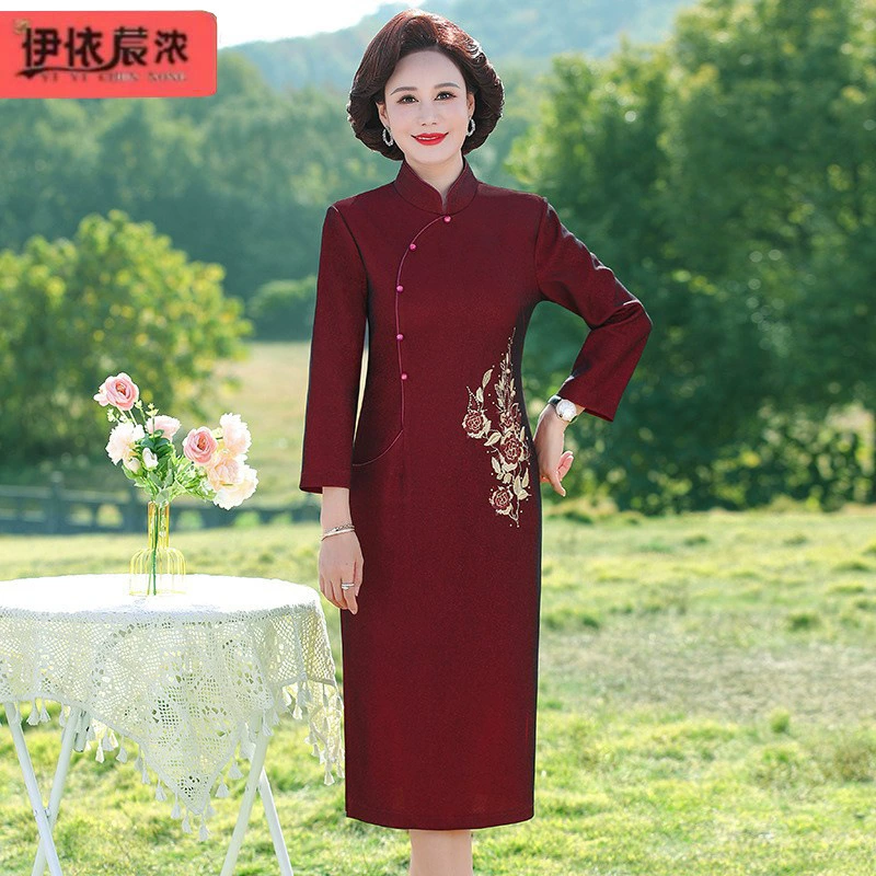 Новинка весны, платье с длинным рукавом, одежда для матери, элегантное облегающее платье миди для женщин среднего возраста, оптовая продажа