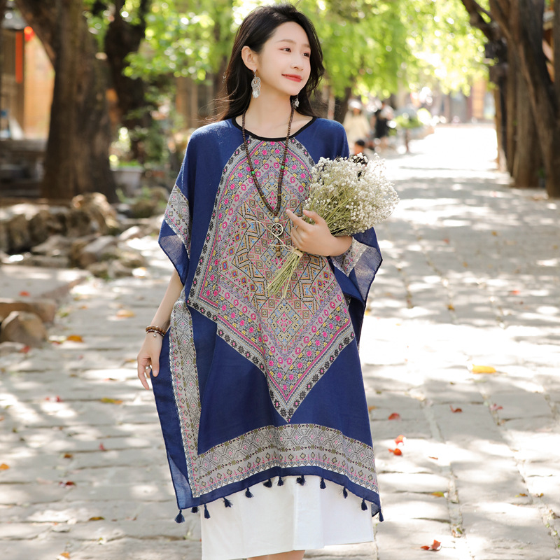 Yunnan primavera y otoño nuevo estilo étnico algodón y lino sensación bufanda geométrica diamante capa exterior viajes protector solar chal para las mujeres