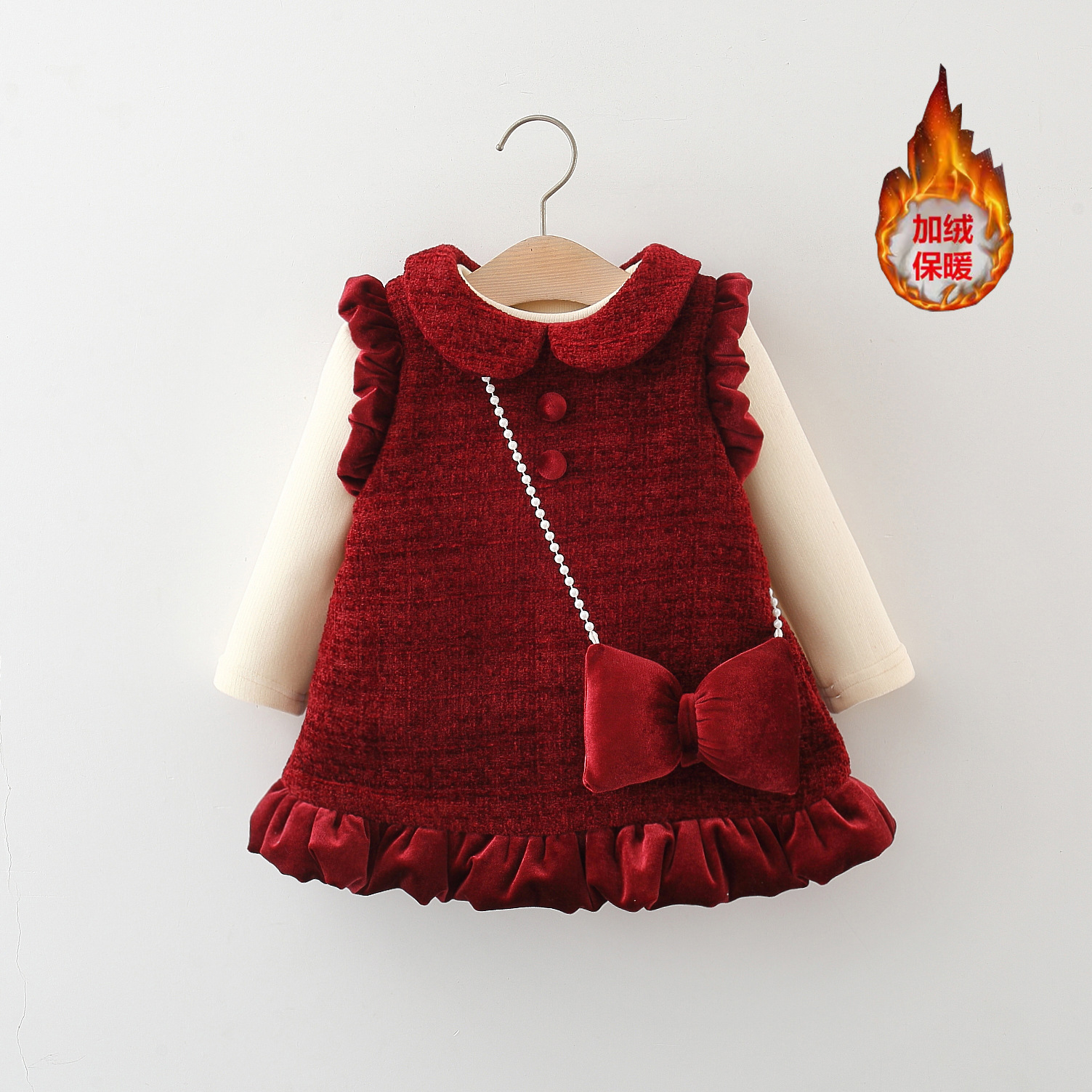 2024年冬季新款大蝴蝶结背包唐装两件套 女童加绒加厚公主拜年服