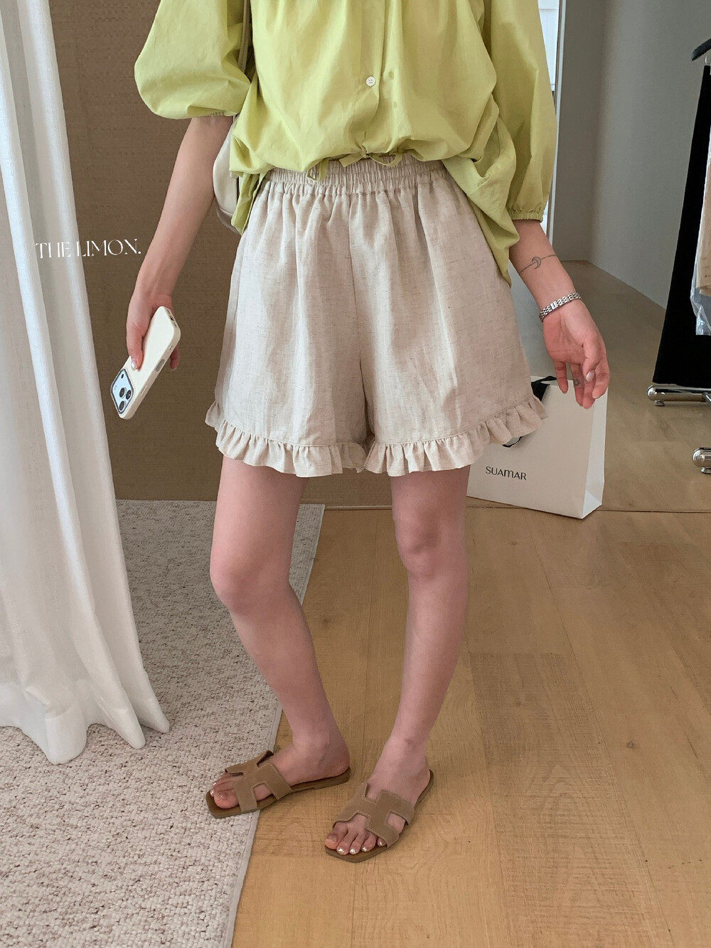 Quần short nữ cạp chun ống rộng chất liệu linen phối viền ren — màu sắc, xanh lam, Màu cà phê, màu hồng chi tiết 29