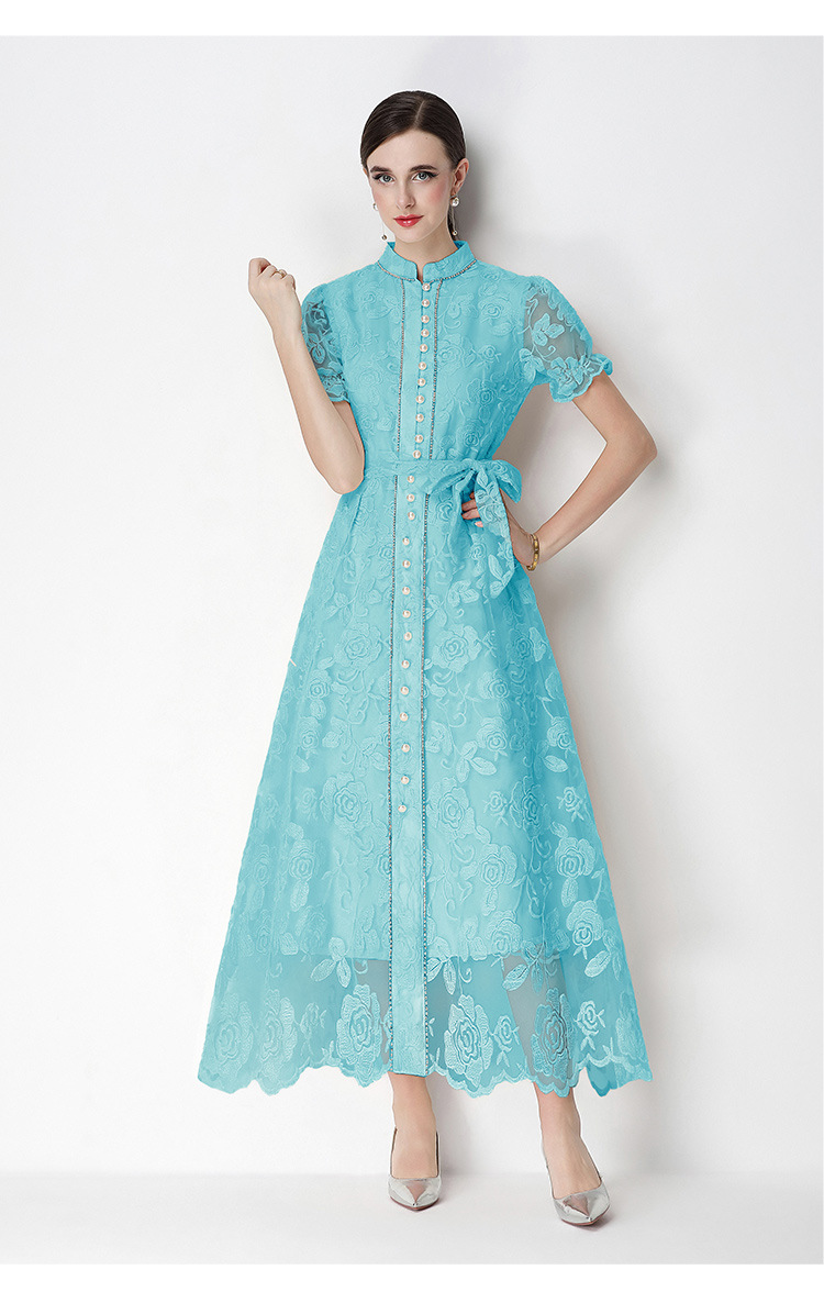 Đầm maxi nữ thêu ren họa tiết rỗng, tay ngắn, cổ tròn, thắt eo, dài qua gối — xanh lam, màu hồng, màu mơ chi tiết 15