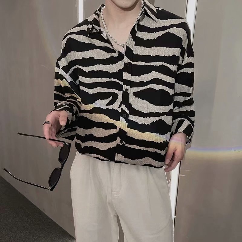 DY730 Spring/Autumn Zebra Print Long-Sleeve Shirt for Men, Korean Style, Trendy and Handsome, Casual and Cool Men's Clothing