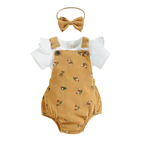 Baoxin girls' clothing foreign trade cross-border new style pitted flying sleeves floral corduroy suspenders and hairband three-piece set