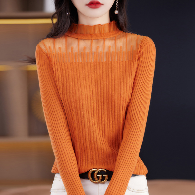 Spring and Summer New Lace Stitching Fine Imitation Wool Long-sleeved Women's Inner Wooden Lace Sleeveless Top Spring and Summer New Lace Stitching Fine Imitation Wool Long-sleeved Women's Inner Wooden Lace Sleeveless Top
