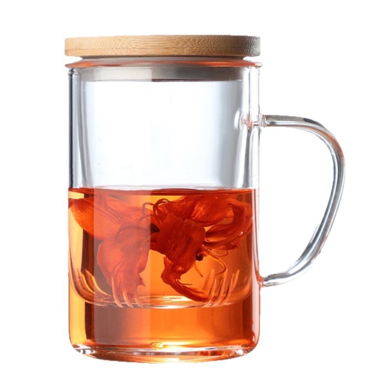 Juego de tres piezas de vidrio de borosilicato taza de separación de té taza de té cubierta de acero filtro de vidrio flor taza de té taza de beber