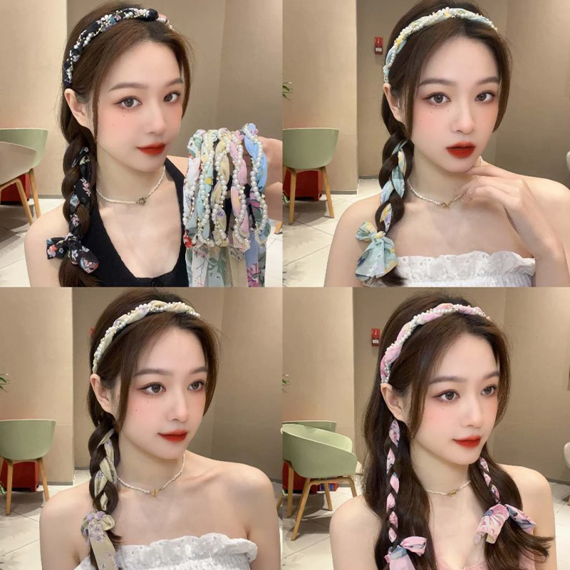 碎花髮帶絲巾綁發夏季飄帶發箍一體女日常外戴系帶編髮絲帶頭飾