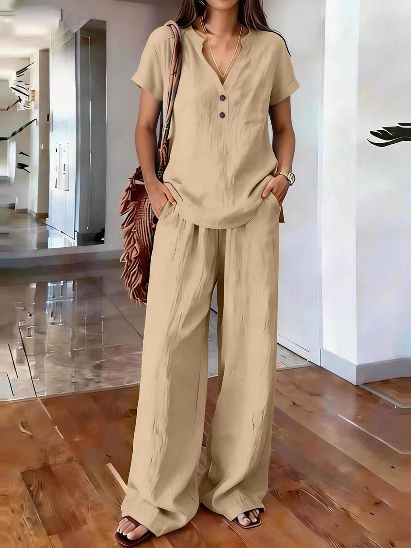 Women's Clothing Women's Casual Cotton Linen Top And Wide Leg Pants Set V Neck Button Up Old Money Style Solid Color_ecoleips.com