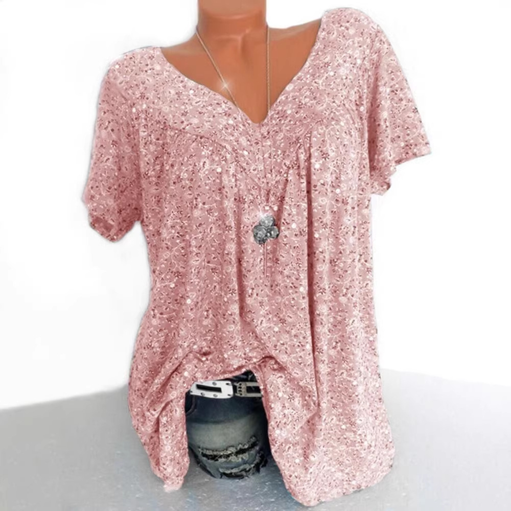 New cross-border European and American women's clothing 2019 summer wish Amazon ebay popular V-neck loose short sleeve printed T-shirt