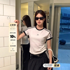 宋正恩条纹正肩白色短袖t恤女夏季新款蝴蝶结修身显瘦短款小上衣