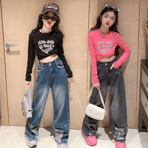 Girls' long-sleeved bottoming shirts, autumn clothes, new Korean style, fashionable children's fashion, niche design, wide-leg jeans, trendy