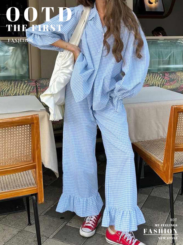 Bộ đôi áo sơ mi tay dài bèo nhún và quần dài kẻ caro cotton — hồng chi tiết 1