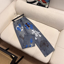 高版本~新款潮流克十架皮标水洗牛仔裤女街头宽松春秋直筒长裤女