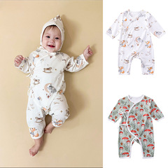 嬰兒秋季連體衣新生兒護肚斜襟系帶哈衣嬰童秋季蝴蝶衣和尚服