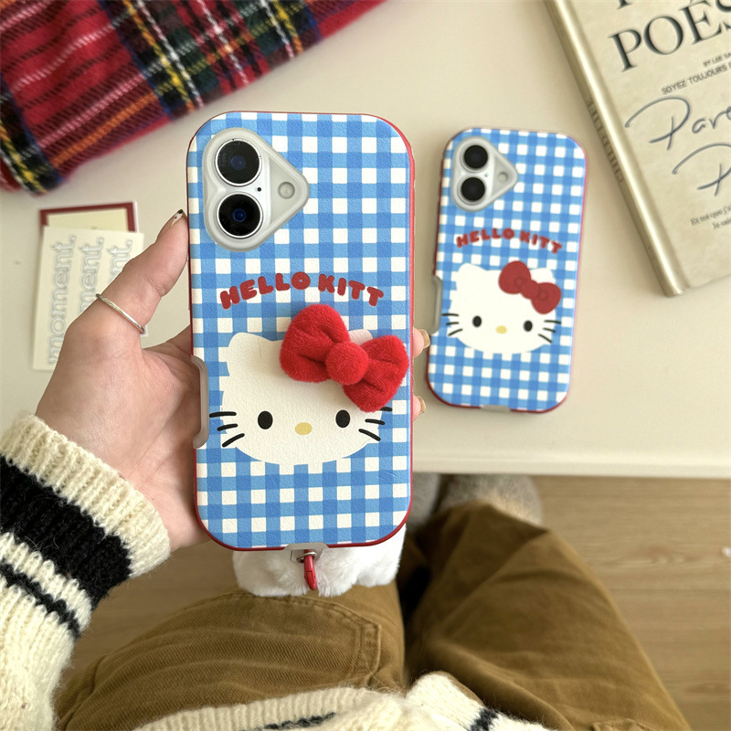 Gato kt a cuadros azul coreano de nicho para Apple 15pro/16pro Fun 14 Bowknot 13p girl