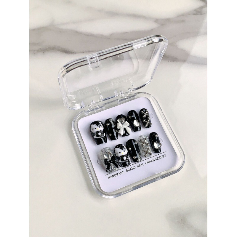 [original Real Shot] Purely Handmade Wearable Nails Internet Celebrity Dark Style Kuromi Flame Bow Nail Art Patch